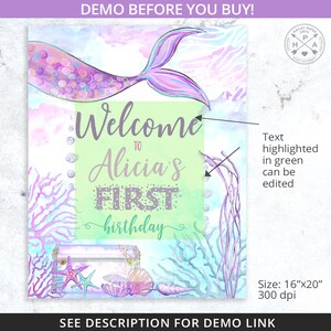 May include: A printable mermaid-themed first birthday party sign with a purple mermaid tail, a green welcome sign with the text "Welcome to Alicia's First birthday", and a treasure chest with seashells and starfish.