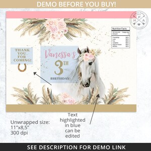 May include: A printable party sign featuring a white horse with a floral crown, a blue background with the text "Vanessa's 3rd Birthday", and a pink and brown floral design. The sign is 28 cm by 21.5 cm and 300 dpi.