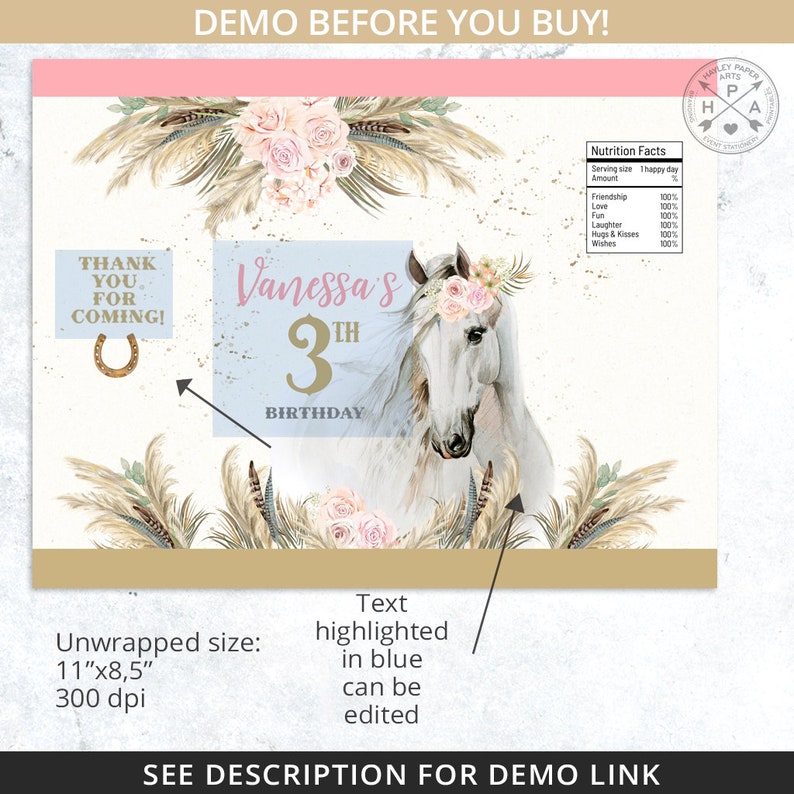 May include: A printable party sign featuring a white horse with a floral crown, a blue background with the text "Vanessa's 3rd Birthday", and a pink and brown floral design. The sign is 28 cm by 21.5 cm and 300 dpi.