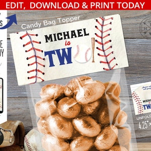 Baseball Leckerli Süßigkeiten Geschenk Tasche Topper Junge Baseball ZWEI Rookie Feier Label Sport zweite Geburtstagsparty. Bearbeitbar printable 191HPA 37 C