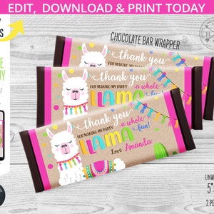 May include: Chocolate bar wrappers with a llama theme. The wrappers are brown with pink accents and feature a llama illustration, text that reads "thank you," and the words "Llama" and "fun." The wrappers are 5" x 5.6" when unwrapped.