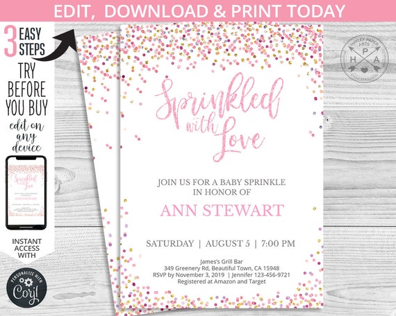 EDITABLE Confetti sprinkled with love girl shower party invitation. Pink glam glitter. Instant access to template. Edited by you. 038HPA 01 Il_570xn