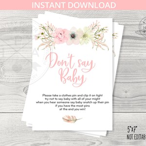 Não diga cartão de jogo de bebê para chá de bebê tee pee boho. Flores cor de rosa, boho, penas. Download instantâneo. Não editável. 106HPA 30D