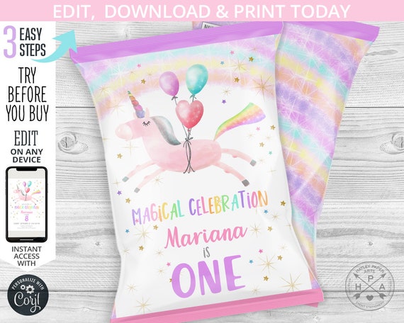 Unicorn rainbow chips bag, snacks bags, ONE flying unicorn favors chip bag, chips pouch, first birthday party editable printable 190HPA 30 C Il_570xn