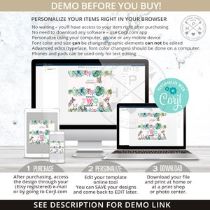 May include: A digital mockup showing how to personalize a printable 'Enter's Two Wild' jungle-themed birthday party invitation using the Corjl.com online design tool. The invitation features a pink and green color scheme with a variety of jungle animals and tropical plants.