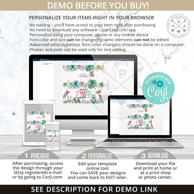 May include: A digital mockup showing how to personalize a printable 'Enter's Two Wild' jungle-themed birthday party invitation using the Corjl.com online design tool. The invitation features a pink and green color scheme with a variety of jungle animals and tropical plants.