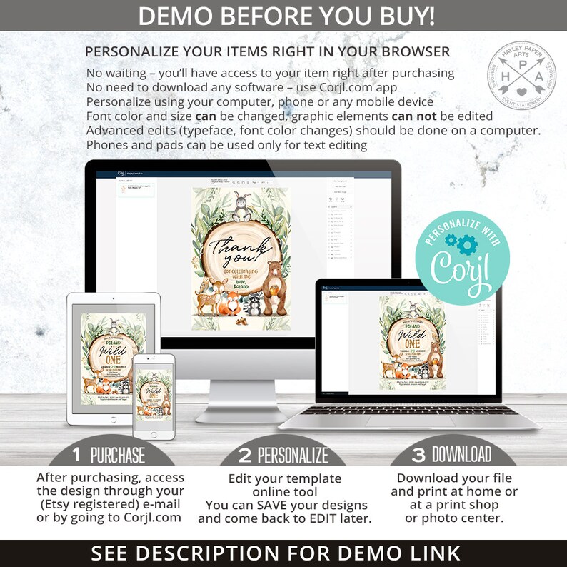 May include: A digital mockup showing how to personalise a woodland-themed first birthday invitation using the Corjl.com online design tool. The invitation features a watercolour illustration of a tree stump with a thank you message and woodland animals. The text on the invitation reads "Going Wild One".