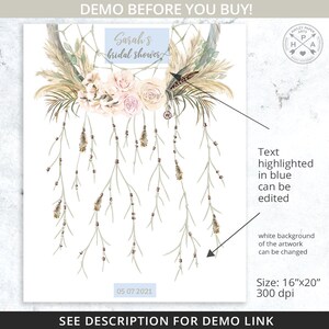 May include: A printable bridal shower invitation featuring a watercolor illustration of a dreamcatcher with feathers, flowers, and beads. The text "Sarah's bridal shower" is written in blue on a light blue background. The date "05 07 2021" is written in black at the bottom of the invitation. The invitation is 16 inches by 20 inches and 300 dpi.