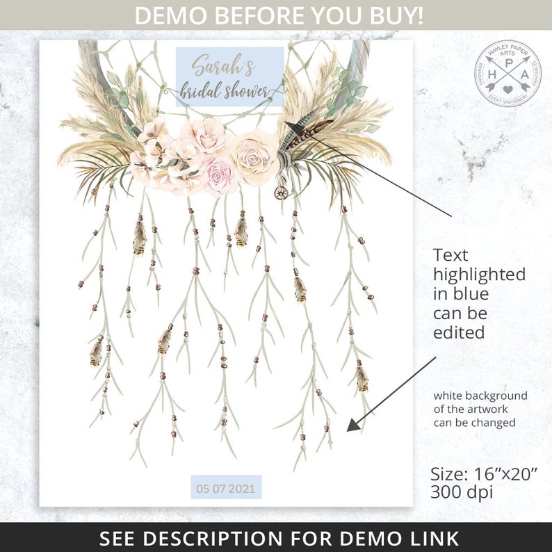 May include: A printable bridal shower invitation featuring a watercolor illustration of a dreamcatcher with feathers, flowers, and beads. The text "Sarah's bridal shower" is written in blue on a light blue background. The date "05 07 2021" is written in black at the bottom of the invitation. The invitation is 16 inches by 20 inches and 300 dpi.