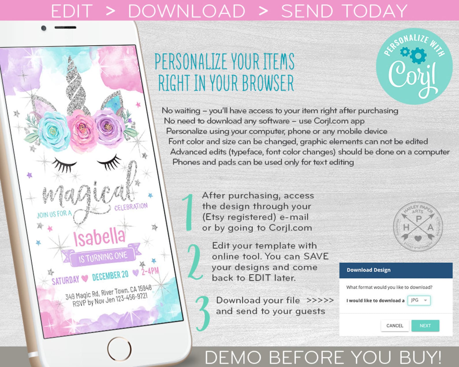 Unicorn One Magical Electronic Birthday Invitation First Magic - Etsy