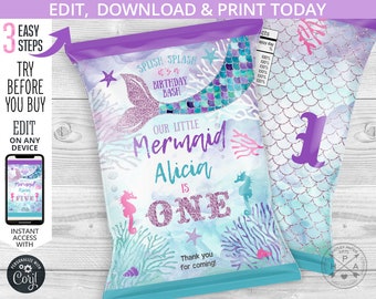 May include: A purple and blue mermaid-themed chip bag with glitter accents. The bag features a mermaid tail, a seahorse, and the text "Splish Splash It's a Birthday Bash Our Little Mermaid Alicia is One Thank you for coming!"