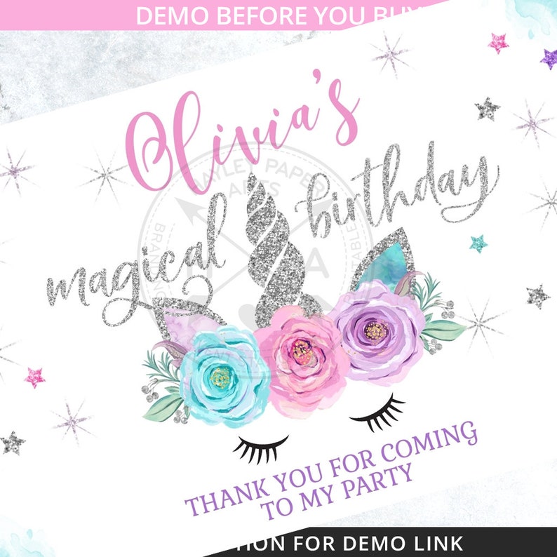 May include: A white thank you card with a silver glitter unicorn head and flowers. The text on the card reads "Olivia's magical birthday" and "Thank you for coming to my party".