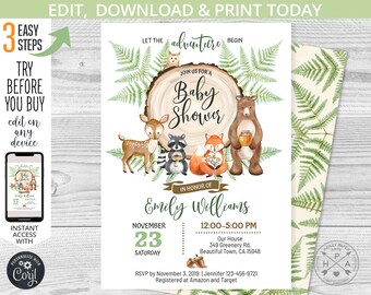 May include: A woodland themed baby shower invitation with a woodgrain background and a circle with the text "Join us for a Baby Shower" in a brown font. The circle is surrounded by a deer, a raccoon, a fox, and a bear. The invitation includes the date, time, and location of the shower, as well as the name of the guest of honor, Emily Williams.
