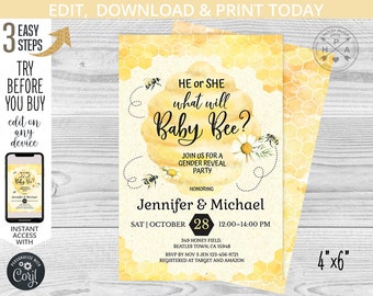 What will baby bee gender reveal shower party 4x6 invitation little honey bumble bee. EDITABLE. Instant access to the template. 049HPA 12