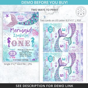 Pu&ograve; includere: Due inviti di compleanno stampabili a tema sirenetta. Il primo invito &egrave; per un primo compleanno e presenta una coda di sirena con squame viola e verdi, un cavalluccio marino e il testo "La nostra piccola sirena Isabella compie un anno". Il secondo invito &egrave; per un quinto compleanno e presenta due code di sirena con squame viola e verdi e il testo "Le nostre piccole sirene Jessica compie 5 anni e Amanda compie 5 anni". Entrambi gli inviti hanno uno sfondo ad acquerello con coralli e conchiglie.