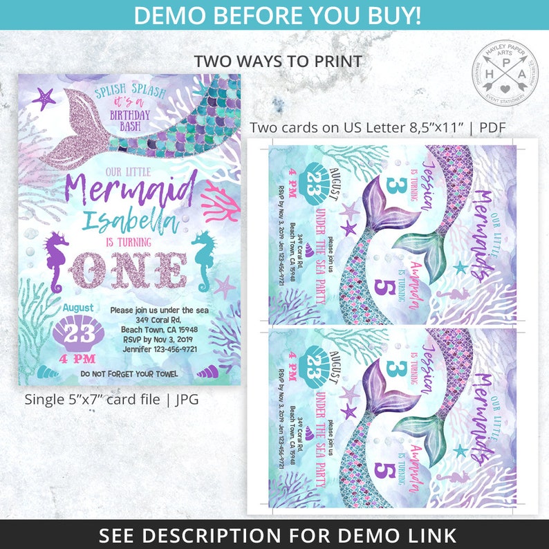 Pu&ograve; includere: Due inviti di compleanno stampabili a tema sirenetta. Il primo invito &egrave; per un primo compleanno e presenta una coda di sirena con squame viola e verdi, un cavalluccio marino e il testo "La nostra piccola sirena Isabella compie un anno". Il secondo invito &egrave; per un quinto compleanno e presenta due code di sirena con squame viola e verdi e il testo "Le nostre piccole sirene Jessica compie 5 anni e Amanda compie 5 anni". Entrambi gli inviti hanno uno sfondo ad acquerello con coralli e conchiglie.