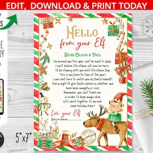 Carta de llegada de elfos. Carta de devolución de elfo. Tarjeta navideña de elfos. Reno elfo bienvenidoCorreo del Polo Norte Papá Noel. Editable imprimible 205HPA 04 A