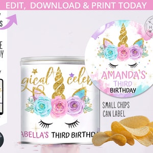 May include: A printable label for a small chips can featuring a unicorn with a gold horn and flowers in shades of pink, blue, and purple. The label says "Magical Celebration" and "Amanda's Third Birthday".