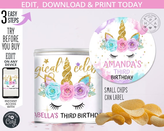 Unicorn mini chips can label magical celebration birthday purple pink gold girl magic party. Editable template. Instant download. 046HPA 36 Il_570xn
