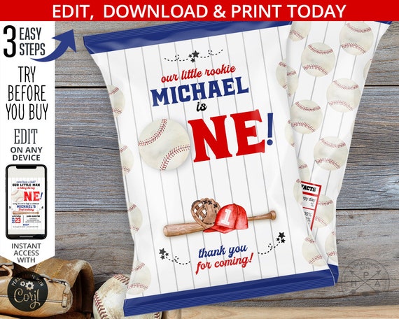 Baseball chips bag first birthday party favor, ONE, chip pouch, container for party snacks, rookie sports game. Editable design. 191HPA 30 B Il_570xn