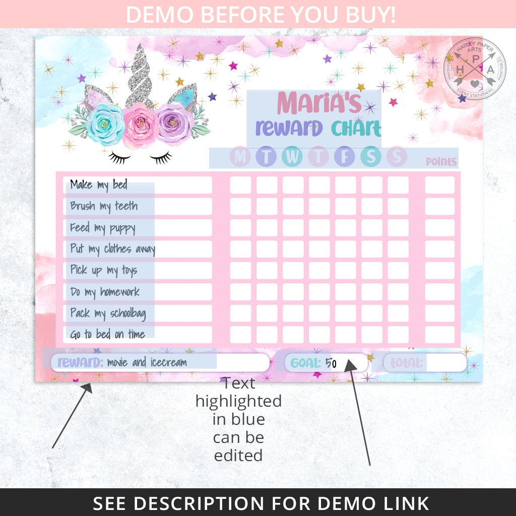 Unicorn Reward Chart for Girls Kids Behavior Daily Chore Charts Daily ...