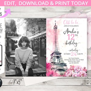 París torre eiffel boho cumpleaños adolescente chica francés ohh la la invitación, bonjour fiesta parisina boho rosa. Editable imprimible. 236HPA 03