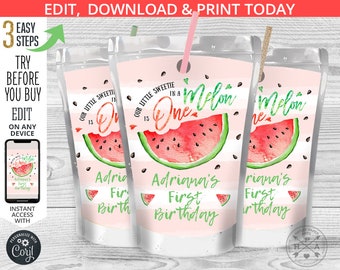 One in a melon juice bag label, capri juice bags, watermelon juice pouch, red green box, first birthday party editable template 051HPA 19 A