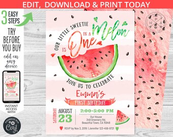 One in a melon birthday invitation watermelon 5x7 red pink first 1st b-day girl boy party invite invitations. Editable template. 051HPA 01