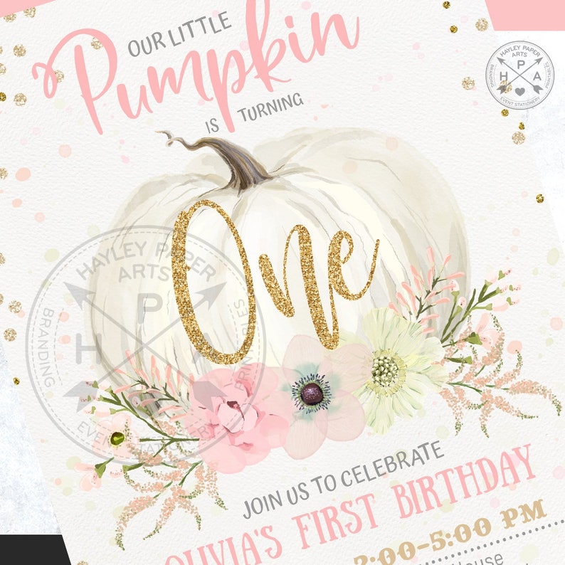 Pumpkin First Birthday ONE Invitation Pink Pastel Floral Gold | Etsy