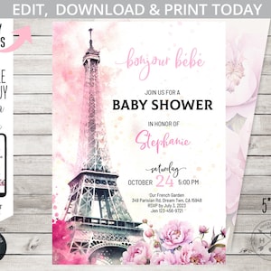 Convite francês do chá de fraldas do Boho de Paris da Torre Eiffel, boho das peônias cor-de-rosa da festa parisiense do bonjour bebe. Editável para impressão. 234HPA 03