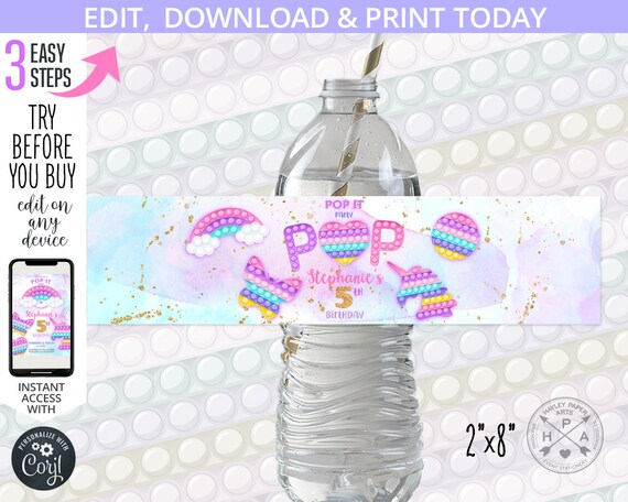 Pop it party water bottle label fidget toy birthday purple pastel pink bubble toy girl party Instant access to editable template 175HPA 12 F Il_570xn