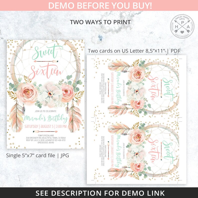 May include: A printable invitation for a Sweet Sixteen birthday party. The invitation features a dreamcatcher with pink and green flowers, feathers, and gold glitter. The text on the invitation reads "Sweet Sixteen" and "Join us to celebrate Miranda's Birthday".