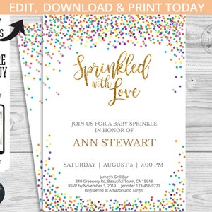 EDITABLE Confetti sprinkled with love shower party invitation. Colorful glitter Instant access to the template. Customized by you. 012HPA 01