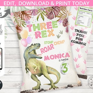 Drei Rex Dinosaurier Geburtstagseinladung T-Rex Dino Mädchen Party dritten Geburtstag rosa grün roar 3.Karte. Bearbeitbar bedruckbar. 137HPA 30 B