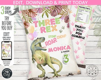 Three Rex Dinosaur birthday invitation T-Rex Dino girl party third birthday party pink green roar 3rd card. Editable printable. 137HPA 30 B