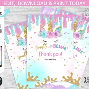 Cartão de agradecimento de unicórnio slime, festa de aniversário mágica, primeira menina de qualquer idade, roxo, rosa, brilhante e slime. Modelo editável. 047HPA 09 A