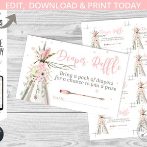TeePee pañal rifa tarjeta insertar baby shower tee pee party boho wild girl boho dreamcatcher. Plantilla editable instantánea. 106HPA A