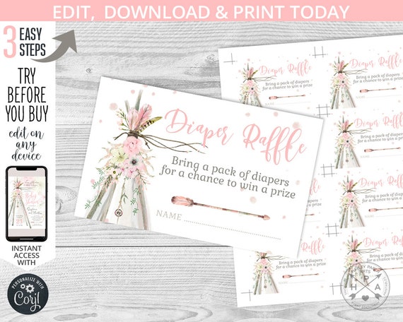 TeePee diaper raffle card insert baby shower tee pee party boho wild girl bohemian dreamcatcher. Instant editable template. 106HPA A Il_570xn
