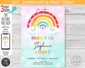 May include: A colorful rainbow birthday party invitation with a watercolor design. The invitation features a rainbow with clouds and the text "Rainbow of Fun Stephanie is turning 5".