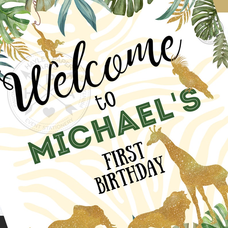 EDITABLE Jungle welcome poster sign 1st first birthday. Safari animals wild one board elephant gold sign editable template. 040HPA 16 C image 4