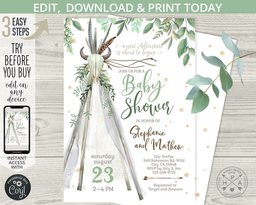 Tee Pee Mint Peach Pink Baby Shower Tribal Boho Invitation. Digital Files.  Feathers, Aqua, Tipi, Antlers, Arrows. Customised by Me. 153CMP 