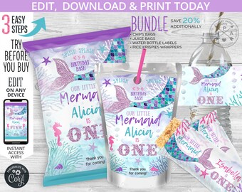 May include: A printable mermaid-themed party bundle for a first birthday. The bundle includes a chip bag, juice box, water bottle label, and Rice Krispies wrapper. Each item features a mermaid with purple and blue scales, a pink tail, and glitter accents. The text "Our Little Mermaid Alicia is One" is featured on each item.