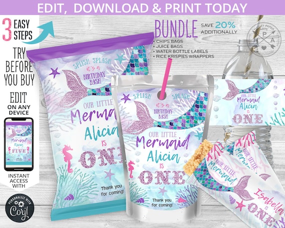 BUNDLE Mermaid chips bag, juice bags, water bottle labels, rice krispies label, chips pouch, wrapper, birthday. Editable template. 060HPA 62 Il_570xn