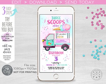 Ice cream truck three scoops electronic birthday invitation icecream girl 3rd party, smartphone e-vite. Selfediting template. E118 06 118HPA