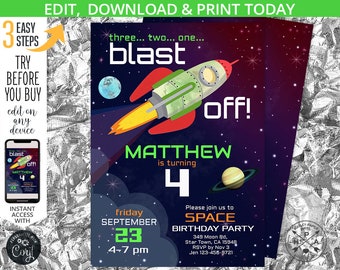 Outer space invitation out of this world astronaut blast off rocket moon mission control planet galaxy invite. EDITABLE template. 070HPA 01