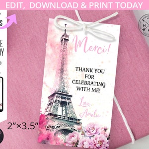 Tour Eiffel merci tag français paris ohh la la boho bonjour étiquettes d'anniversaire parisiennes étiquettes 3,5x5 rose. Imprimable modifiable. 236HPA10C