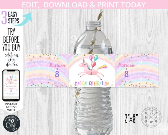 Unicorn water bottle label magical celebration birthday balloons pastel rainbow pink flying unicorn party. Editable printable. 190HPA 12 A Il_570xn