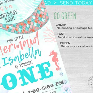 K&ouml;nnte beinhalten: Eine t&uuml;rkisfarbene und rosafarbene Meerjungfrauen-Geburtstagseinladung mit einem Meerjungfrauen-Schwanz, einem Seepferdchen und dem Text "Our Little Mermaid Isabella is turning ONE! 2:00-5:00 PM".