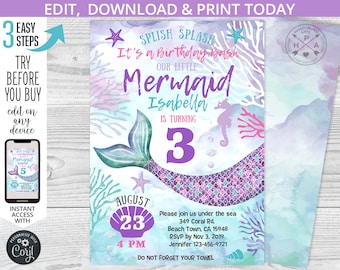 Mermaid birthday under the sea invitation purple teal aqua pink b-day girl summer party invite invitations. Editable template. 060HPA 02