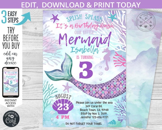 Mermaid birthday under the sea invitation purple teal aqua pink b-day girl summer party invite invitations. Editable template. 060HPA 02 Il_570xn